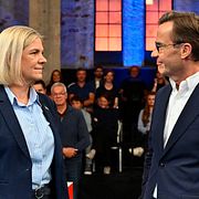 Statsministerkandidaterna Magdalena Andersson (S) och Ulf Kristersson (M) i en valdebatt i Gävle i september. Frågan är vem av dem som kommer kunna påverka budgeten för 2027 mest?
