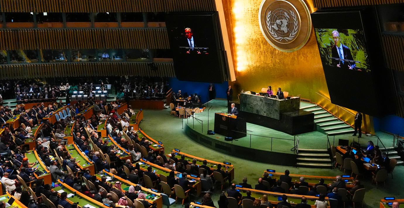 FN:s generalsekreterare Antonio Guterres talar i generalförsamlingen i september 2025. 