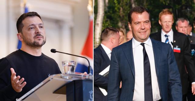 Volodymyr Zelenskyj och Dmitrij Medvedev. AP