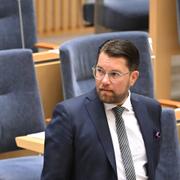 Sverigedemokraternas partiledare Jimmie Åkesson inför en partiledardebatt i Riksdagen. 