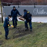 Polisens tekniker söker igenom grässlänten bakom busshållplatsen med metalldetektor 19 januari.