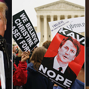 Bildmontage. Donald Trump, protester utanför Vita huset, Brett Kavanaugh. 