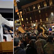 Milo Yiannopoulos (arkivbild). Till höger: Protester på Berkeley mot att Milo Yiannopoulos ska tala.