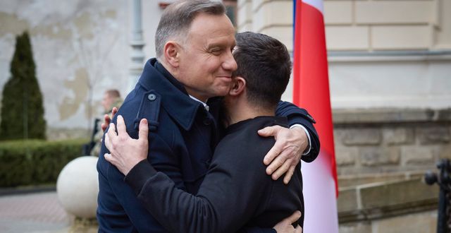 Polens president Andrzej Duda och Ukrainas Volodymyr Zelenskyj träffas i Lviv, bild från januari 2023 AP