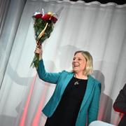 Socialdemokraternas partiledare Magdalena Andersson håller tal på Socialdemokraternas valvaka på ABF-huset i Stockholm.