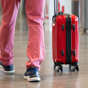 Migrationsminister Johan Forssell (M) och en bild på en person med en resväska. 