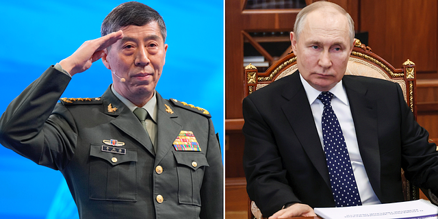 Kinas försvarsminister Li Shangfu och Rysslands president Vladimir Putin. AP