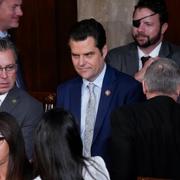 Kongressledamöter efter att Jim Jordan förlorat en andra omröstning om talmansposten. I mitten Matt Gaetz, som ledde revolten mot företrädaren Kevin McCarthy.