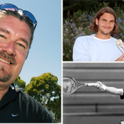 Peter Lundgren på en bild från 2009, samt med Roger Federer från 2003 och med Stefan Edberg under David cup 1991. 