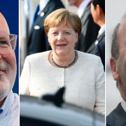 Frans Timmermans, Angela Merkel och Manfred Weber. Arkivbilder.