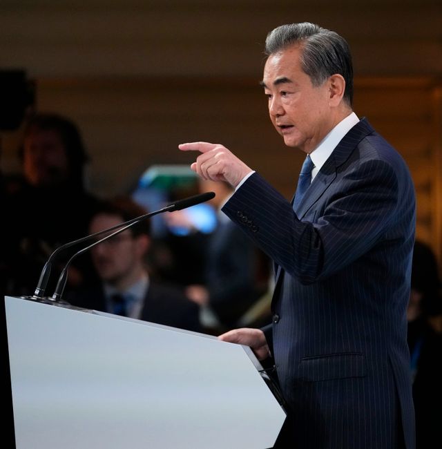 China's Director of the Office of the Central Foreign Affairs Commission Wang Yi speaks at the Munich Security Conference in Munich, Saturday, Feb. 18, 2023. The 59th Munich Security Conference (MSC) is taking place from Feb. 17 to Feb. 19, 2023. Petr David Josek / AP