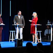 Liberalernas partiledare Simona Mohamsson (L), Sverigedemokraternas partiledare Jimmie Åkesson (SD), Kristdemokraternas partiledare Ebba Busch (KD) och Moderaternas partiledare Ulf Kristersson (M) under Sveriges Radios slutdebatt med partiledarna på Kulturhuset Stadsteatern i Stockholm.