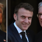 Vänster: Donald Trump. Höger: Keir Starmer tar emot Emmanuel Macron i London. 