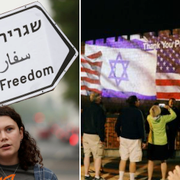 Ambassadprotest i Washington (t v), Israels och USA:s flaggor på en mur i Jerusalem (t h).