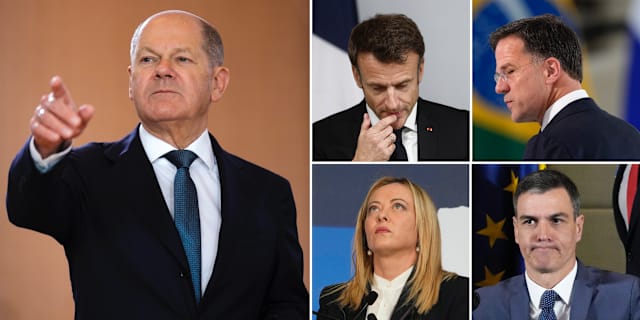 Tysklands förbundskansler Olaf Scholz samt ledarna för Frankrike, Italien, Nederländerna och Spanien. TT