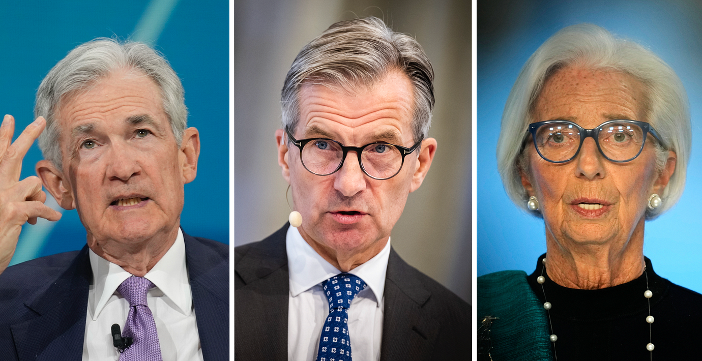 Fed-chefen Jerome Powell, Riksbankens Erik Thedéen och ECB-toppen Christine Lagarde. 