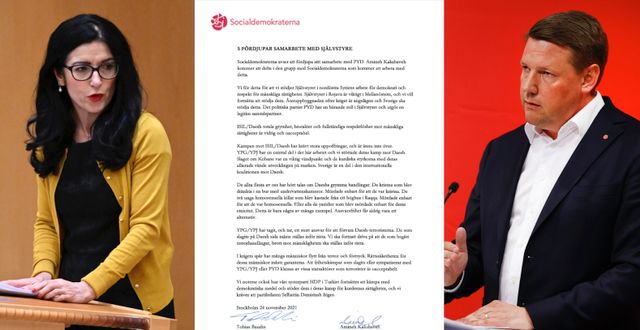 Amineh Kakabaveh och Tobias Baudin (S) undertecknade ett avtal den 23 november 2021 TT/Socialdemokraterna