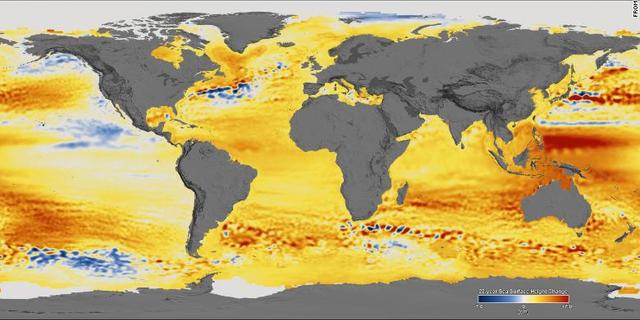 Illustration av havsnivåhöjningar över tid gjord av Nasa. Nasa