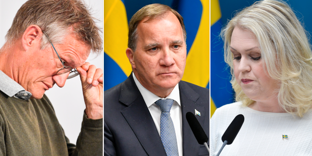 Anders Tegnell/Stefan Löfven (S)/Lena Hallengren (S). TT