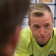 Svenska fotbollslandslagets John Guidetti vid tisdagens pressträff