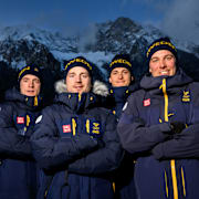 Det svenska skidskyttelaget som ska jaga medaljer i tisdagens stafett. 
