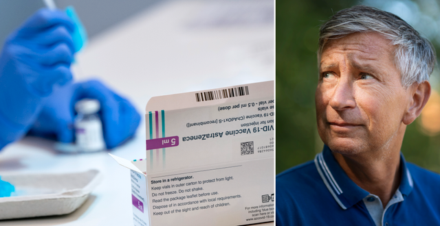 En spruta laddas med Covid-19 vaccin från AstraZeneca (t v), Richard Bergström (t h). TT