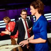 immie Åkesson (SD) och Anna Kinberg Batra (M) och Ebba Busch Thor under en partiledardebatt i SVT tidigare i vår.