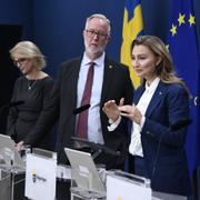 Arkivbild. Finansminister Elisabeth Svantesson (M), arbetsmarknadsminister Johan Pehrson (L), näringsminister Ebba Busch (KD) och näringsutskottets ordförande Tobias Andersson (SD).