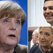 Merkel (tv) och andra liberala politiker måste vara skarpare men tråkigare för att bemöta populismen, menar  Reuters John Foley. Till höger: Greklands premiärminister Alexis Tsipras och franska nationella frontens Marine Le Pen.