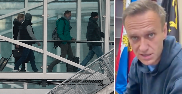 Aleksej Navalnyj inför flygresan till Ryssland och i det videoklipp som nu sprids online. TT/Twitter
