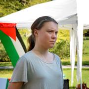 Klimataktivisten Greta Thunberg i samband med protester vid Stockholms universitet i maj 2024.