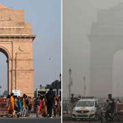 Kombination av bilder. Turister besöker India Gate i New Delhi, den nuvarande situationen beskrivs som ”en gaskammare”.