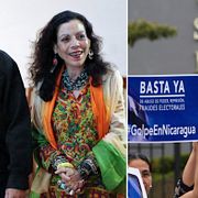 Daniel Ortega med frun Rosario Murillo. Demonstranter med plakat som säger ”nu räcker det” (basta ya).