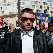 Macklemore på en demonstration mot kriget i Gaza 2024.