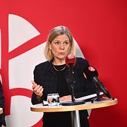 Socialdemokraternas partiledare Magdalena Andersson och partiets ekonomisk-politiska talesperson Mikael Damberg vid fredagens pressträff.