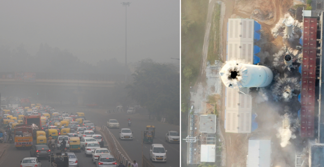 Smog över bilväg i Indien/Kolförbränningsverk i USA.  TT