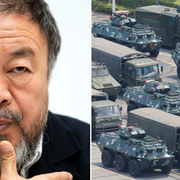 Ai Weiwei t.v. Kinesisk mobilisering vid gränsen till Honkong t.h.