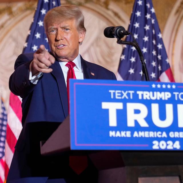 FILE - Former President Donald Trump gestures as he announces he is running for president for the third time as he speaks at Mar-a-Lago in Palm Beach, Nov. 15, 2022.  Andrew Harnik / AP