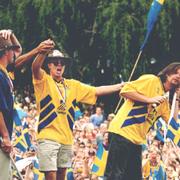 Stefan Rehn, Tomas Brolin och Anders Glenmark i Rålambshovsparken, Stockholm, juli 1994.