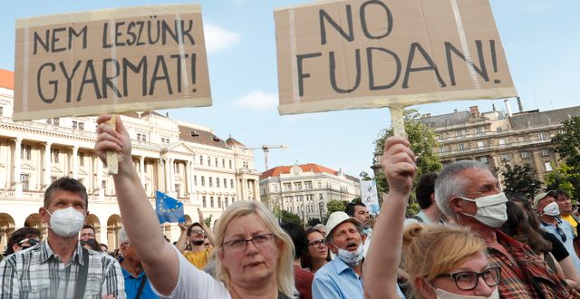 Cirka 10 000 demonstranter gick ut på gatorna i Budapest under lördagen.  Laszlo Balogh / TT NYHETSBYRÅN