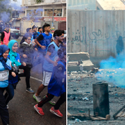 Till vänster: Deltagare i Bagdad Marathon 2018. Till höger: demonstranter vid Tahrirtorget. 