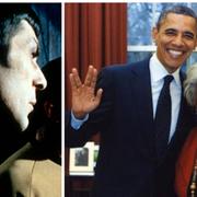 Barack Obama och Nichelle Nichols som spelade i Star Trek med Nimoy gör Vulcan-hälsning.