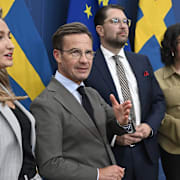 Näringsminister Ebba Busch (KD), Statsminister Ulf Kristersson (M), Sverigedemokraternas partiledare Jimmie Åkesson (SD) och  utbildnings- och integrationsminister Simona Mohamsson (L).