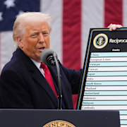 Trump med globala tullarna i april förra året.