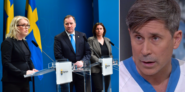 Lena Hallengren (S), Stefan Löfven (S), Isabella Lövin (MP). Till höger, Erik Salaneck.  TT/SVT