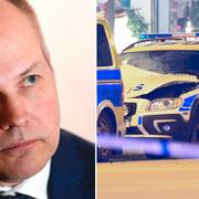 Morgan Johansson (S). Det sprängda polisbilen i Malmö till höger. 