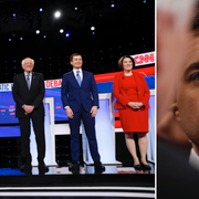 Elizabeth Warren, Joe Biden, Bernie Sanders, Pete Buttigieg och Amy Klobuchar. Saknas på bild gör den sjätte debattören Tom Steyer. 