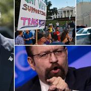 Från vänster: Donald Trump utanför Vita huset på fredagen. Protester efter beskedet om stopp för transpersoner i militären. Sheriffen Joe Arpaio. Längst ner i bild: Tidigare utrikesrådgivaren Sebastian Gorka.