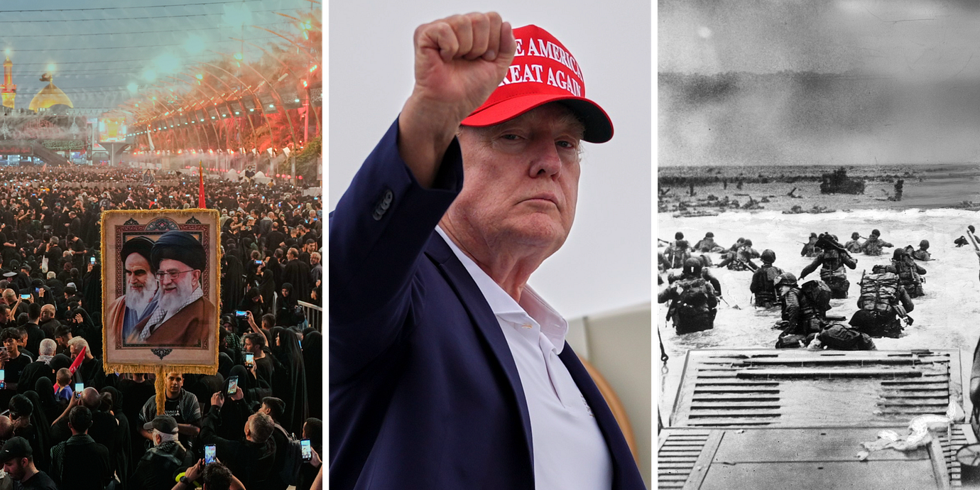 Bild på Ayatollah Ali Khamenei / Donald Trump / Landstigningen i Normandie. 