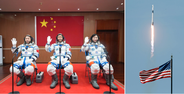 Kinesiska astronauter och en amerikansk rymdfarkost.  AP